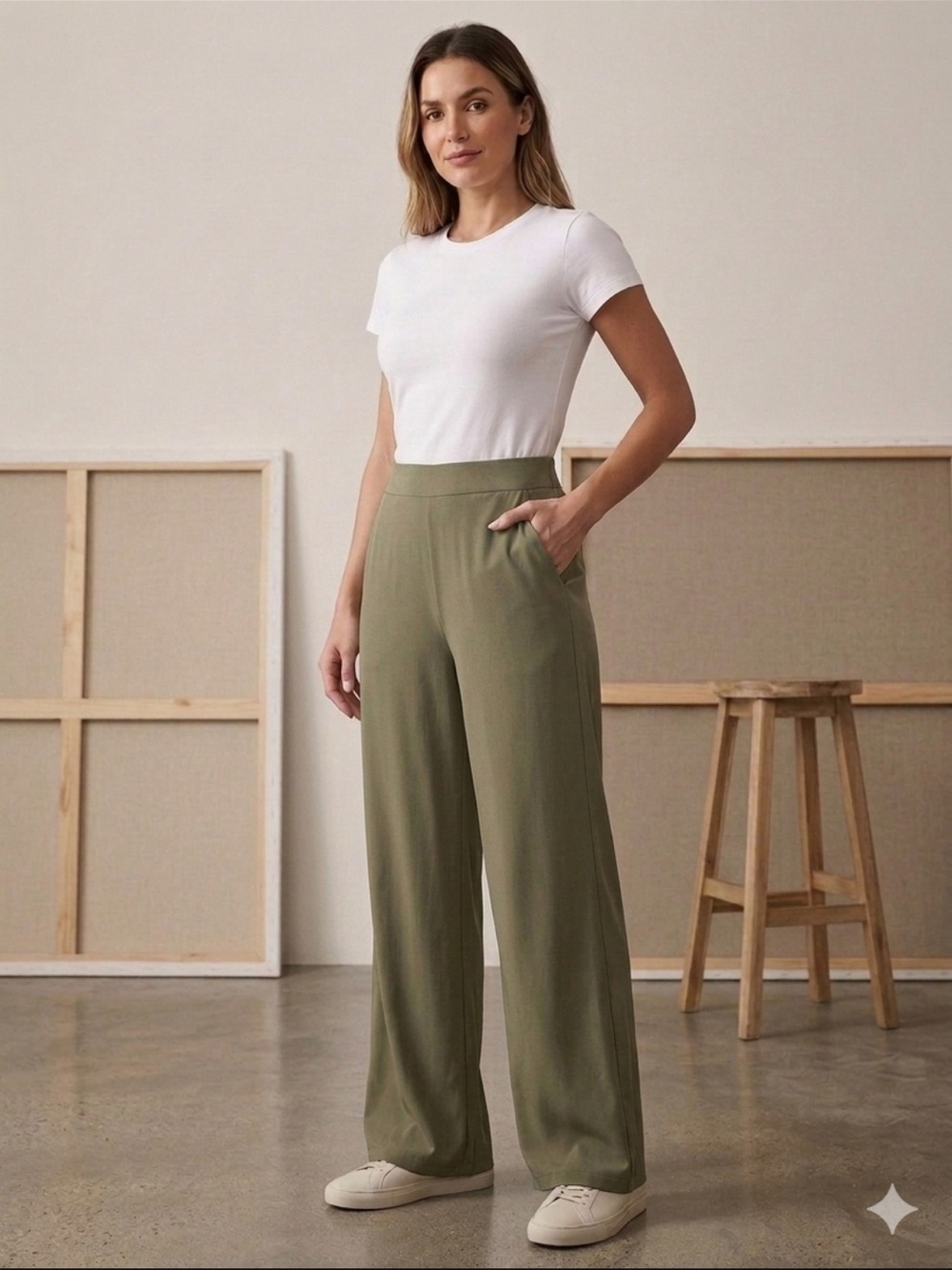Max Studio Army Green Wide Leg Flat Front Pants Women's Size XS